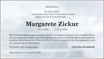 Traueranzeige von Margarete Zickur von Hildesheimer Allgemeine Zeitung
