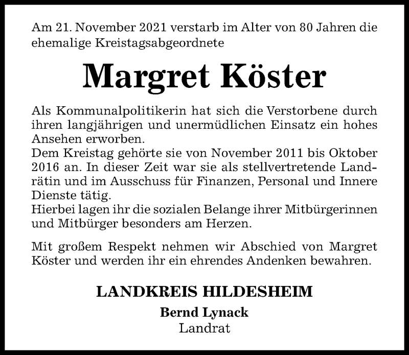  Traueranzeige für Margret Köster vom 27.11.2021 aus Hildesheimer Allgemeine Zeitung