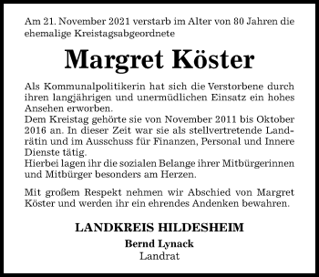 Traueranzeige von Margret Köster von Hildesheimer Allgemeine Zeitung