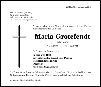 Traueranzeige von Maria Grotefendt von Hildesheimer Allgemeine Zeitung
