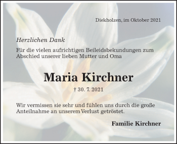 Traueranzeige von Maria Kirchner von Hildesheimer Allgemeine Zeitung