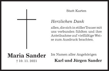 Traueranzeige von Maria Sander von Hildesheimer Allgemeine Zeitung