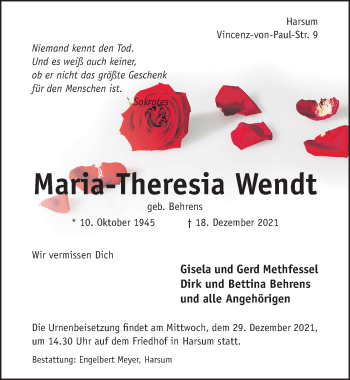 Traueranzeige von Maria-Theresia Wendt von Hildesheimer Allgemeine Zeitung