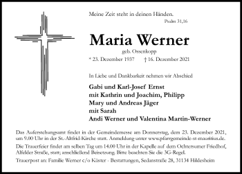 Traueranzeige von Maria Werner von Hildesheimer Allgemeine Zeitung