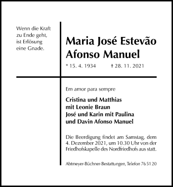 Traueranzeige von Maria Jose Estevao Afonso Manuel von Hildesheimer Allgemeine Zeitung