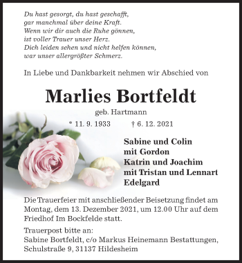 Traueranzeige von Marlies Bortfeldt von Hildesheimer Allgemeine Zeitung