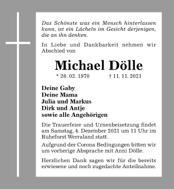 Traueranzeige von Michael Dölle von Hildesheimer Allgemeine Zeitung