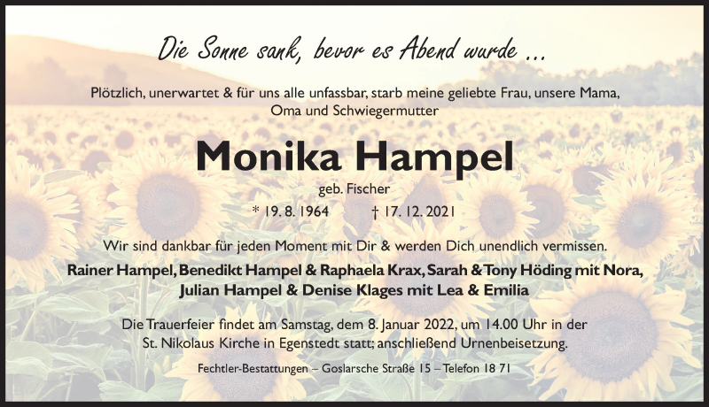  Traueranzeige für Monika Hampel vom 24.12.2021 aus Hildesheimer Allgemeine Zeitung