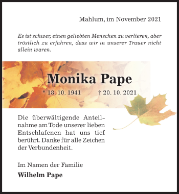 Traueranzeige von Monika Pape von Hildesheimer Allgemeine Zeitung
