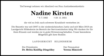 Traueranzeige von Nadine Kirsten von Hildesheimer Allgemeine Zeitung