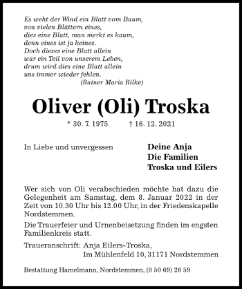 Traueranzeige von Oliver Troska von Hildesheimer Allgemeine Zeitung