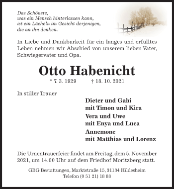 Traueranzeige von Otto Habenicht von Hildesheimer Allgemeine Zeitung