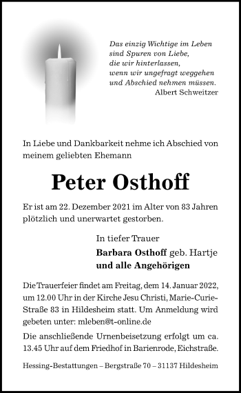 Traueranzeige von Peter Osthoff von Hildesheimer Allgemeine Zeitung