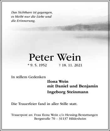 Traueranzeige von Peter Wein von Hildesheimer Allgemeine Zeitung