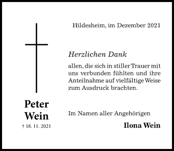 Traueranzeige von Peter Wein von Hildesheimer Allgemeine Zeitung