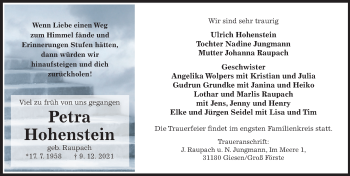 Traueranzeige von Petra Hohenstein von Hildesheimer Allgemeine Zeitung