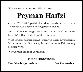 Traueranzeige von Peyman Haffzi von Hildesheimer Allgemeine Zeitung