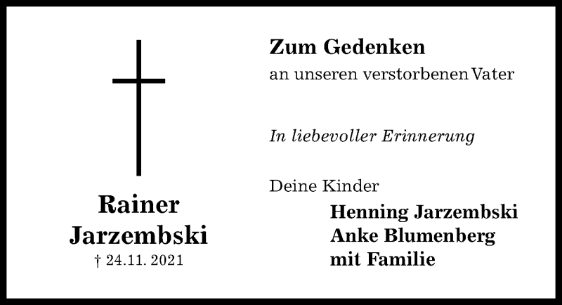  Traueranzeige für Rainer Jarzembski vom 04.12.2021 aus Hildesheimer Allgemeine Zeitung