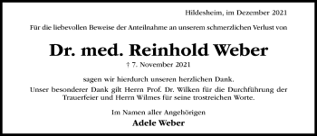 Traueranzeige von Reinhold Weber von Hildesheimer Allgemeine Zeitung