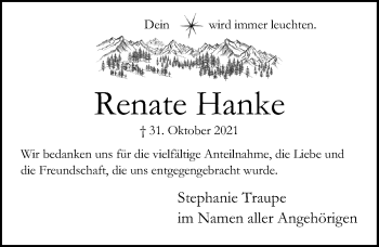 Traueranzeige von Renate Hanke von Hildesheimer Allgemeine Zeitung