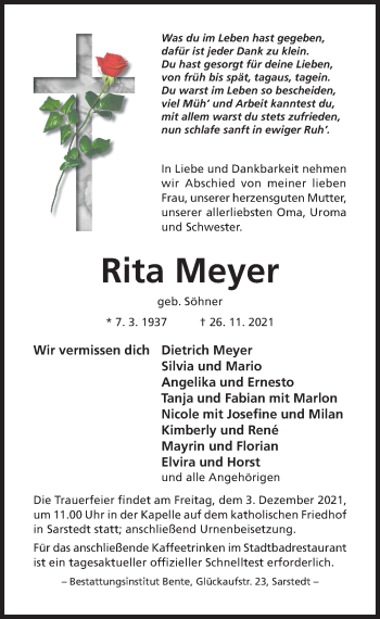 Traueranzeige von Rita Meyer von Hildesheimer Allgemeine Zeitung