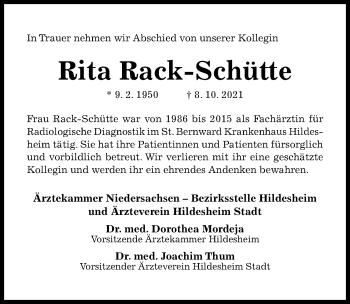 Traueranzeige von Rita Rack-Schütte von Hildesheimer Allgemeine Zeitung