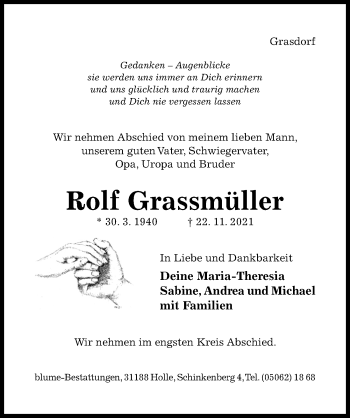 Traueranzeige von Rolf Grassmüller von Hildesheimer Allgemeine Zeitung