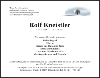 Traueranzeige von Rolf Kneistler von Hildesheimer Allgemeine Zeitung