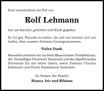 Traueranzeige von Rolf Lehmann von Hildesheimer Allgemeine Zeitung