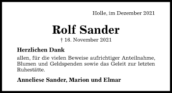 Traueranzeige von Rolf Sander von Hildesheimer Allgemeine Zeitung