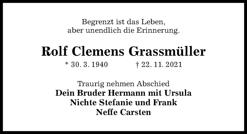  Traueranzeige für Rolf Clemens Grassmüller vom 27.11.2021 aus Hildesheimer Allgemeine Zeitung