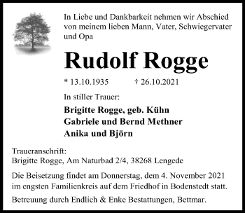 Traueranzeige von Rudolf Rogge von Hildesheimer Allgemeine Zeitung