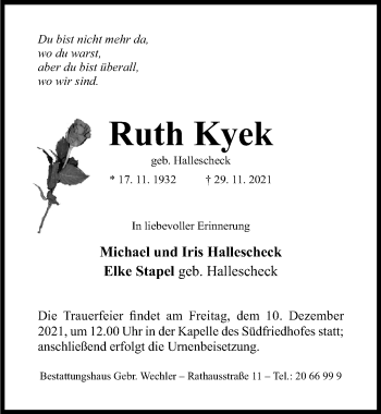 Traueranzeige von Ruth Kyek von Hildesheimer Allgemeine Zeitung
