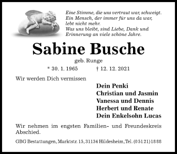 Traueranzeige von Sabine Busche von Hildesheimer Allgemeine Zeitung