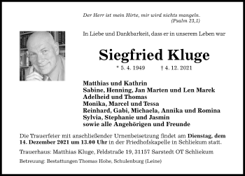 Traueranzeige von Siegfried Kluge von Hildesheimer Allgemeine Zeitung