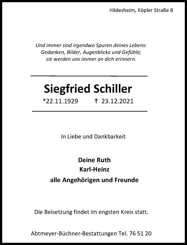  Traueranzeige für Siegfried Schiller vom 29.12.2021 aus Hildesheimer Allgemeine Zeitung