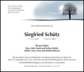 Traueranzeige von Siegfried Schütz von Hildesheimer Allgemeine Zeitung