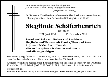 Traueranzeige von Sieglinde Schäferhenrich von Hildesheimer Allgemeine Zeitung