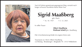 Traueranzeige von Sigrid Maaßberg von Hildesheimer Allgemeine Zeitung