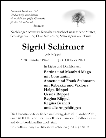 Traueranzeige von Sigrid Schirmer von Hildesheimer Allgemeine Zeitung
