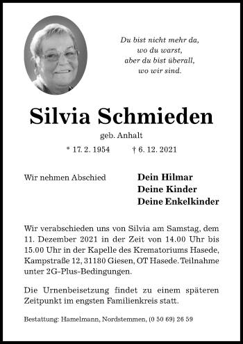 Traueranzeige von Silvia Schmieden von Hildesheimer Allgemeine Zeitung