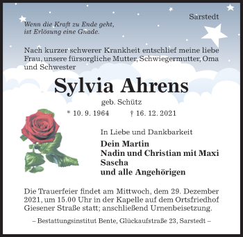 Traueranzeige von Sylvia Ahrens von Hildesheimer Allgemeine Zeitung