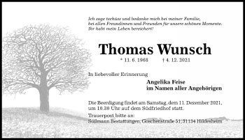 Traueranzeige von Thomas Wunsch von Hildesheimer Allgemeine Zeitung