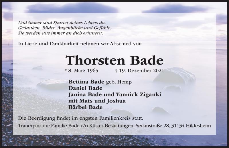  Traueranzeige für Thorsten Bade vom 22.12.2021 aus Hildesheimer Allgemeine Zeitung