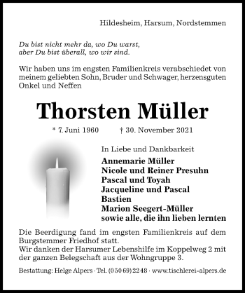 Traueranzeige von Thorsten Müller von Hildesheimer Allgemeine Zeitung