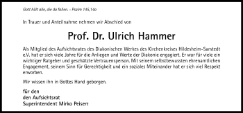 Traueranzeige von Ulrich Hammer von Hildesheimer Allgemeine Zeitung