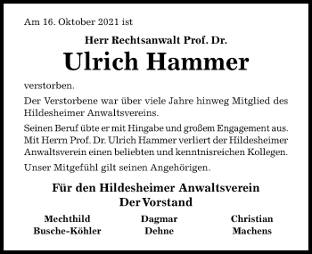 Traueranzeige von Ulrich Hammer von Hildesheimer Allgemeine Zeitung