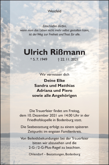 Traueranzeige von Ulrich Rißmann von Hildesheimer Allgemeine Zeitung