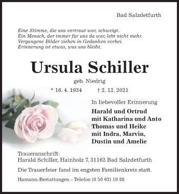 Traueranzeige von Ursula Schiller von Hildesheimer Allgemeine Zeitung