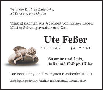 Traueranzeige von Ute Feßer von Hildesheimer Allgemeine Zeitung